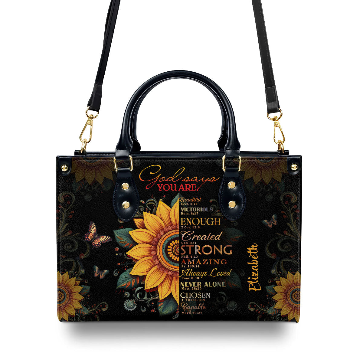 Personalized Leather Handbag With Zipper | Sunflower God Says You Are LHBM723