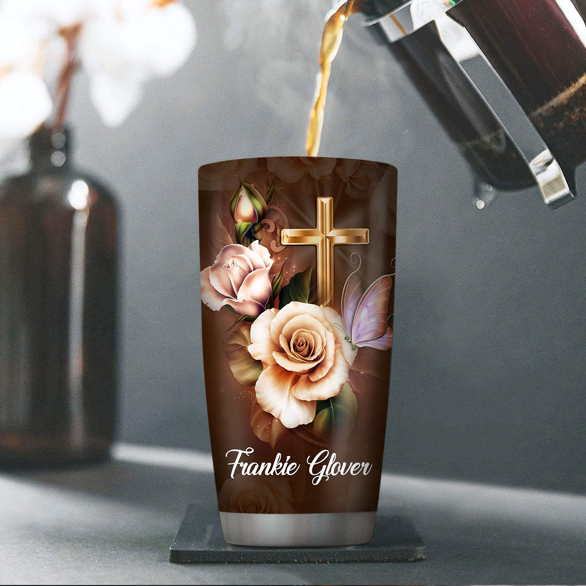 Personalized Stainless Steel Tumbler 20oz | Hebrews 11:1 | Faith Is The Substance Of Things Hoped | Rose & Cross H106