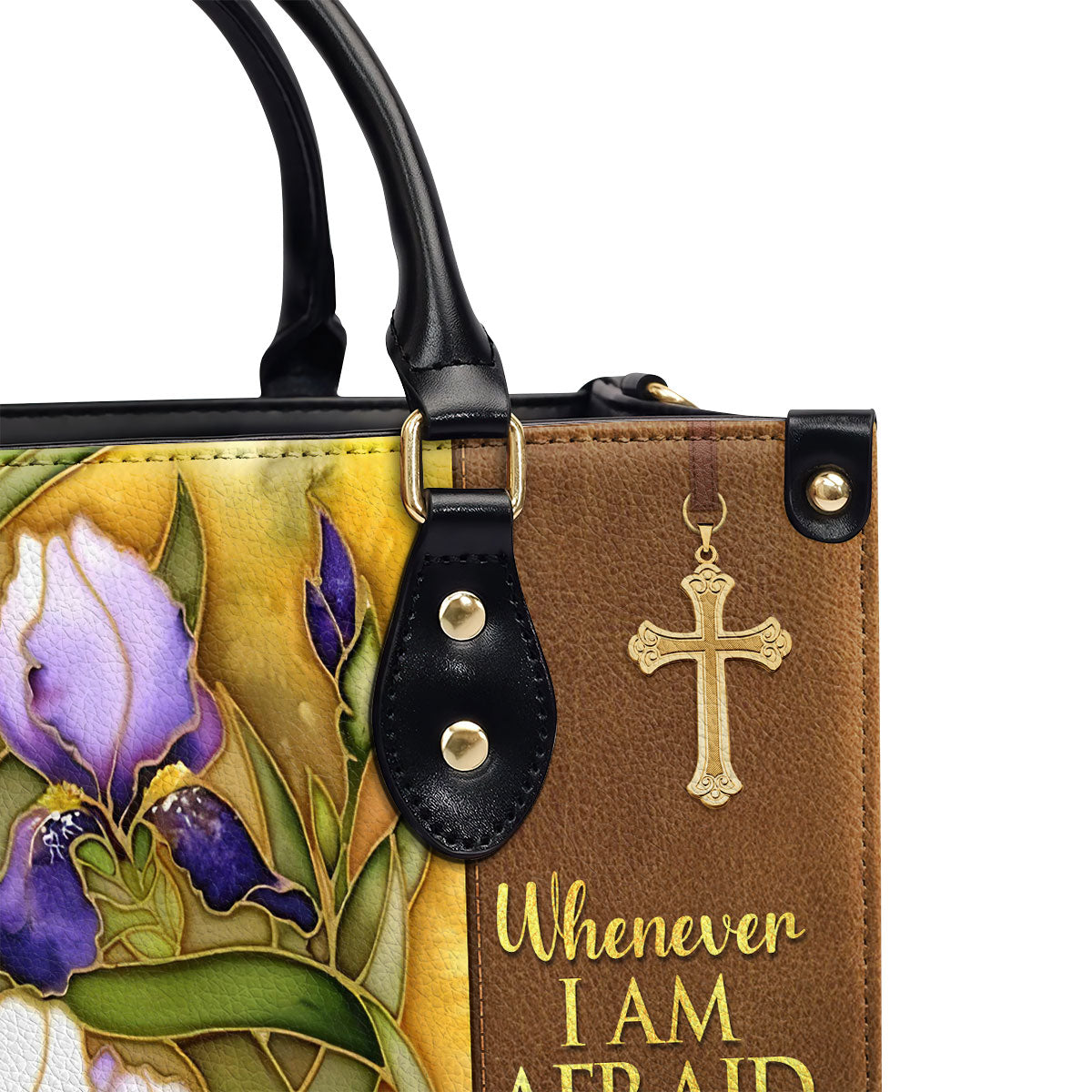 Flower And Cross | Whenever I Am Afraid, I Trust In You | Psalm 56:3 | Personalized Leather Handbag LHBH602