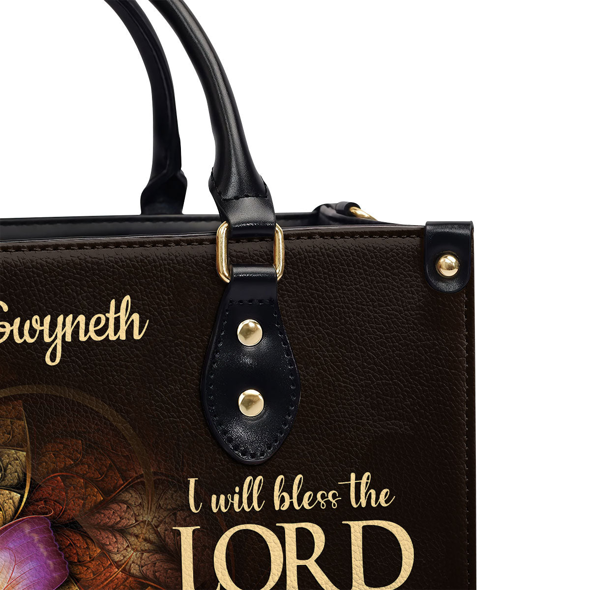 Lifegifty Personalized Leather Handbag With Handle | Flower & Butterfly | Psalm 34:1 | I Will Bless The Lord At All Times LHBH605