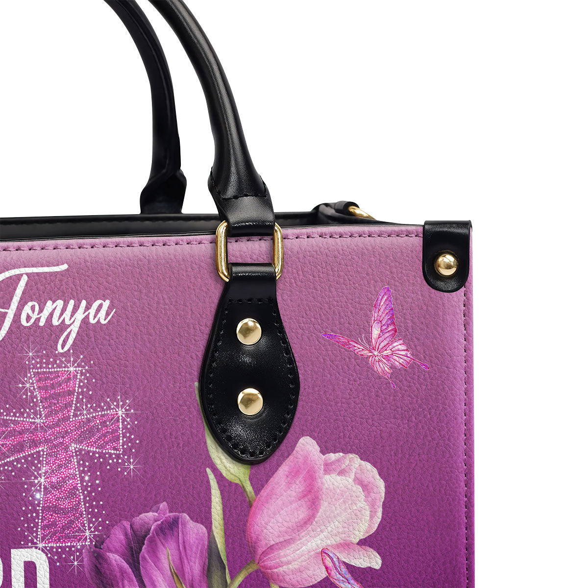 Personalized Purple Leather Handbag | Trust In The Lord With All Your Heart | Proverbs 3:5 | Tulip And Cross LHBM602