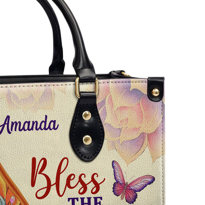 Bless The Lord O My Soul | Psalm 103:1 | Personalized Leather Handbag With Handle | Flower And Butterfly LHBM678