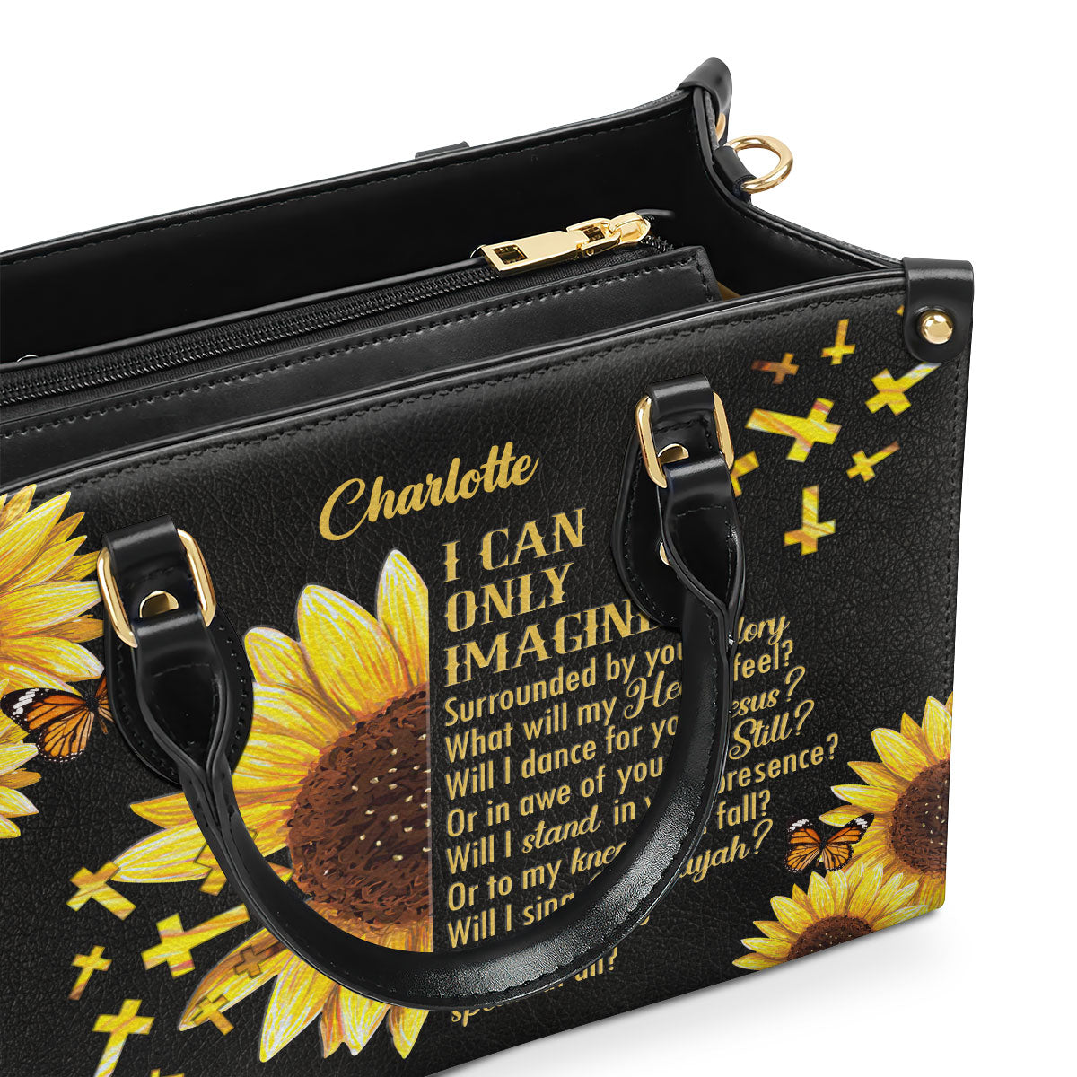 I Can Only Imagine | Sunflower And Cross | Personalized Leather Handbag With Handle HN153