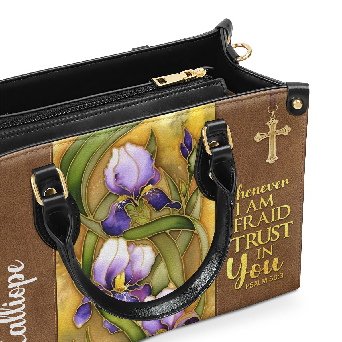 Flower And Cross | Whenever I Am Afraid, I Trust In You | Psalm 56:3 | Personalized Leather Handbag LHBH602