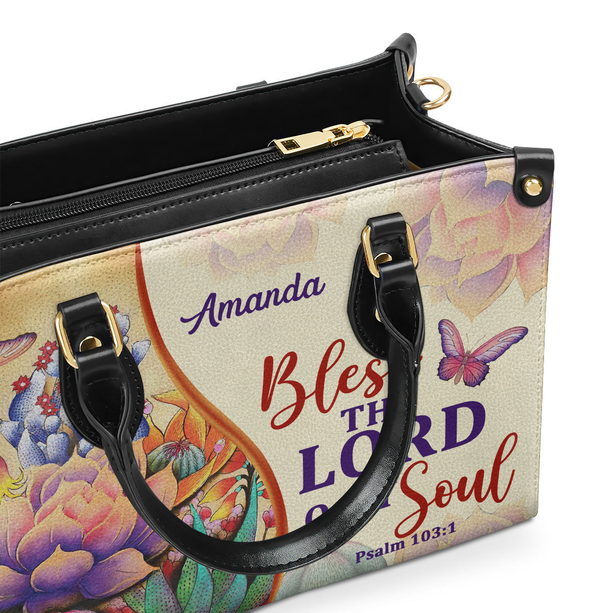 Bless The Lord O My Soul | Psalm 103:1 | Personalized Leather Handbag With Handle | Flower And Butterfly LHBM678