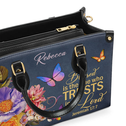 Blessed Is The Woman Who Trusts In The Lord | Jeremiah 17:7 | Personalized Flower Leather Handbag LHBM680