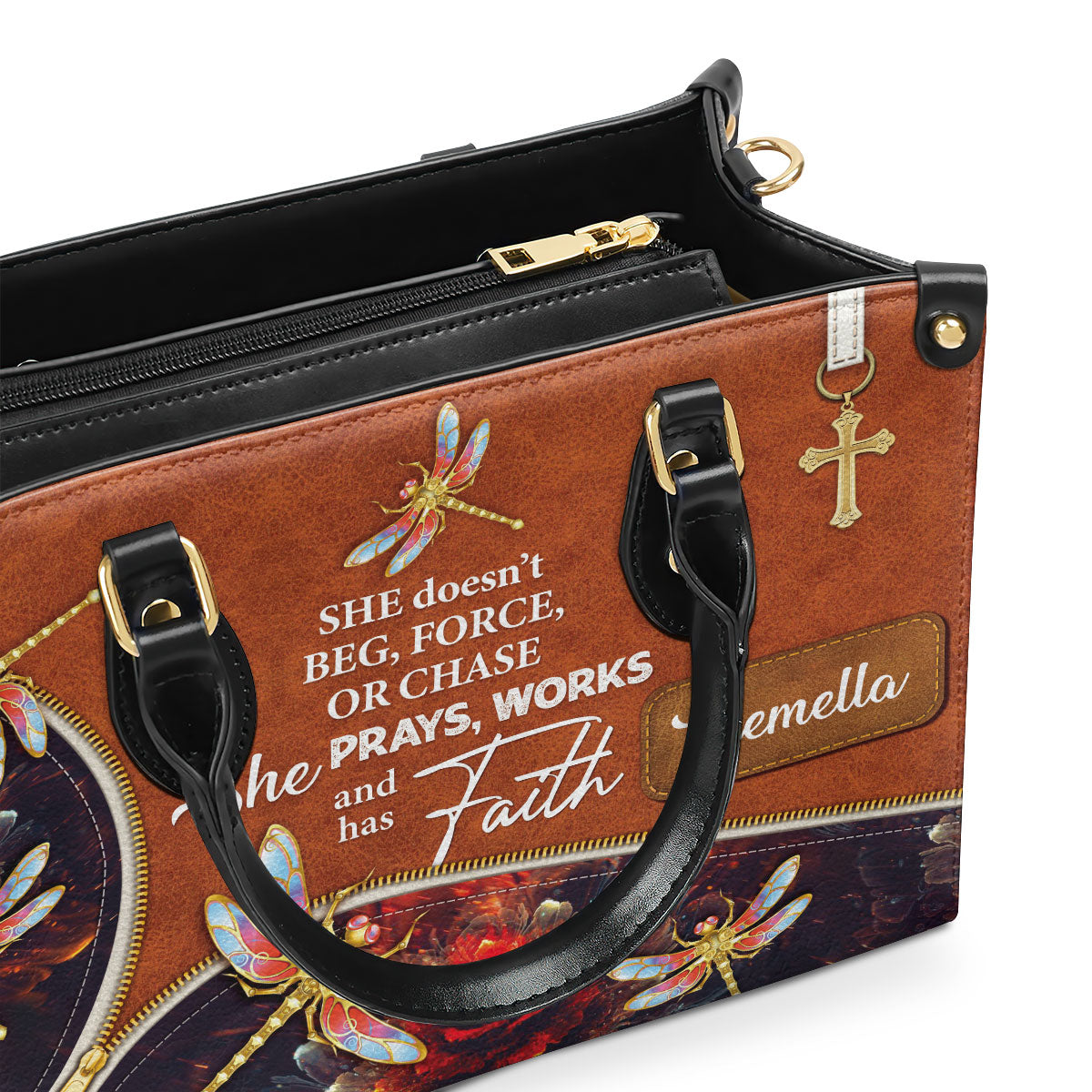 She Prays, Works, And Has Faith - Pretty Personalized Dragonfly Leather Handbag NUH274