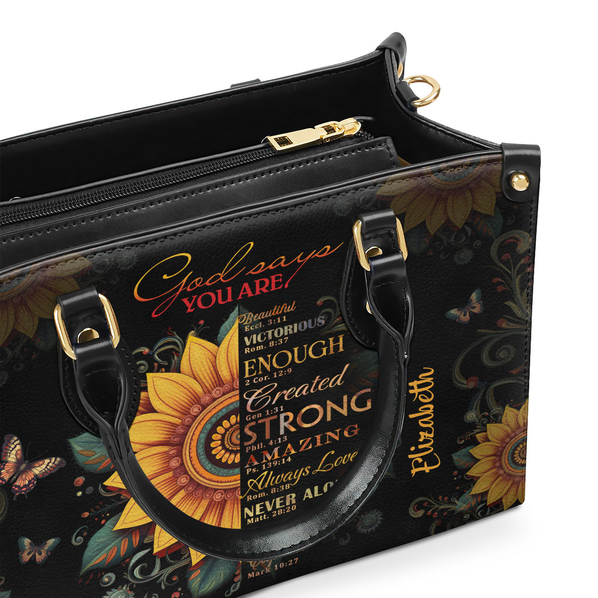 Personalized Leather Handbag With Zipper | Sunflower God Says You Are LHBM723