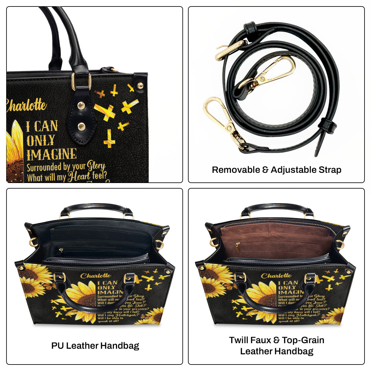 I Can Only Imagine | Sunflower And Cross | Personalized Leather Handbag With Handle HN153