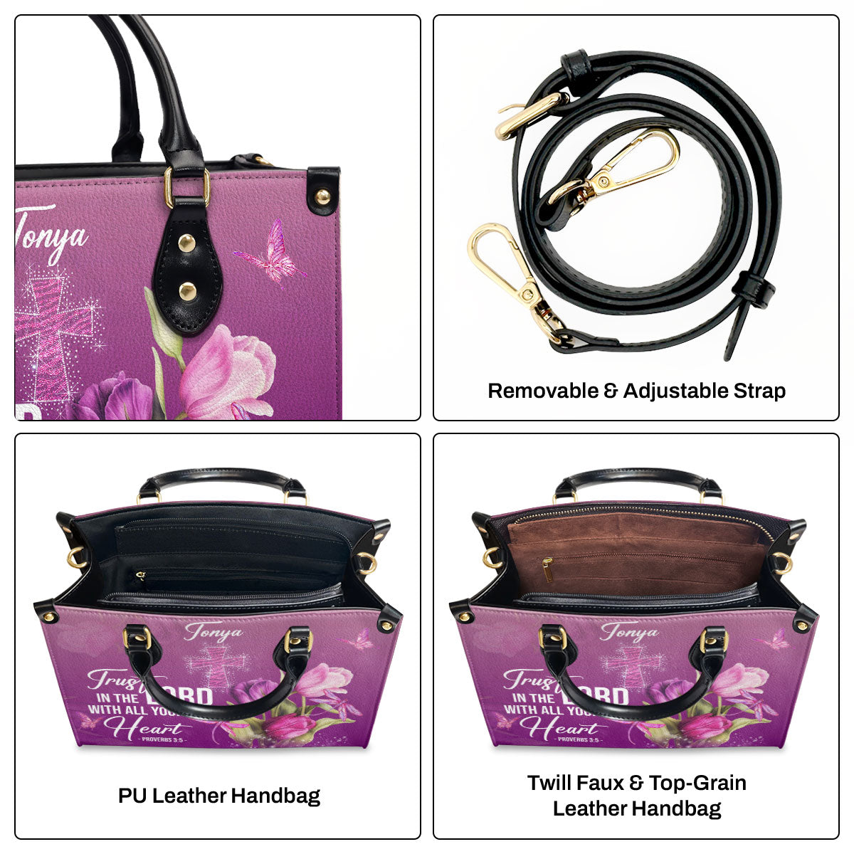 Personalized Purple Leather Handbag | Trust In The Lord With All Your Heart | Proverbs 3:5 | Tulip And Cross LHBM602