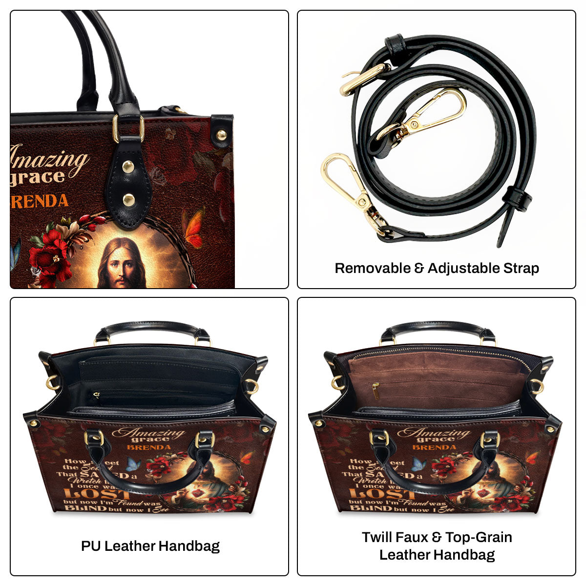 Personalized Leather Handbag With Zipper | Jesus Amazing Grace LHBM740