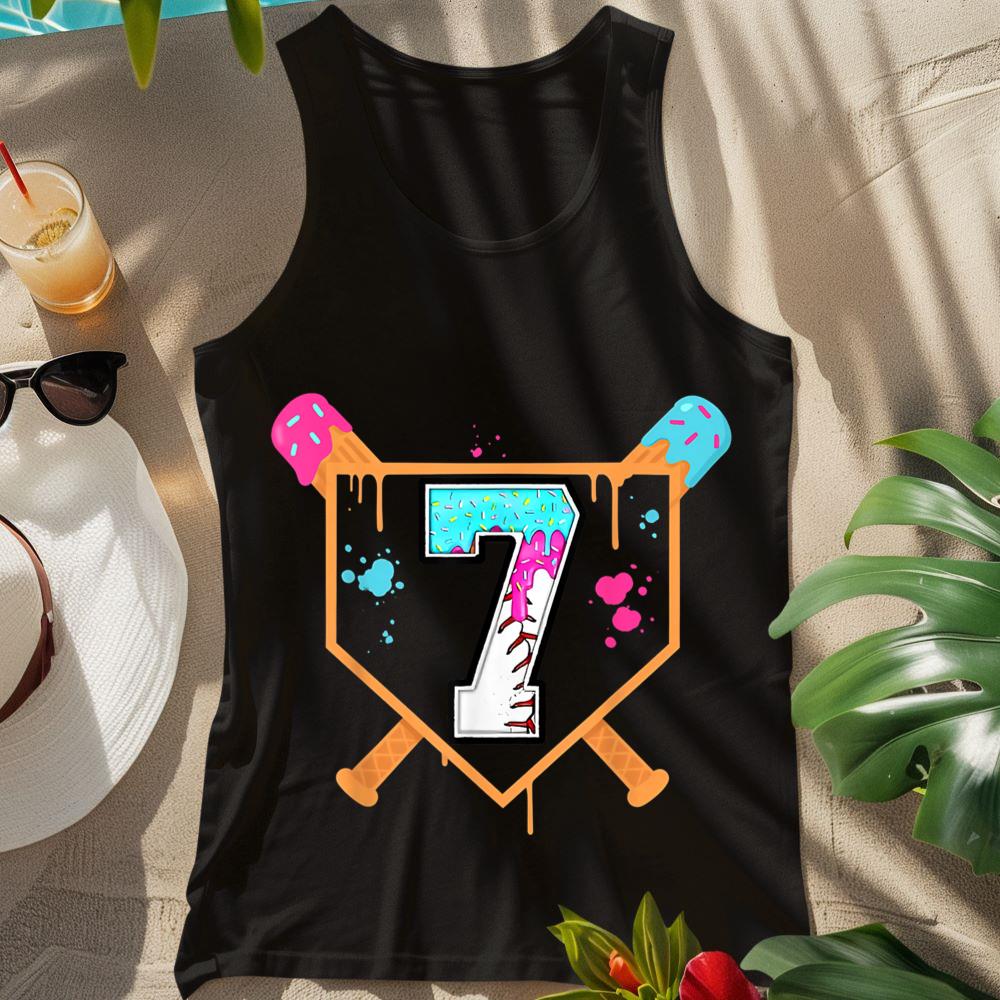 Baseball 7th Birthday Ice Cream Drip 7 Years Old Bday Boy Tank Top