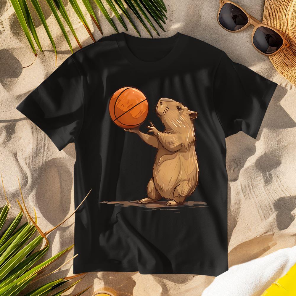 Basketball Capybara Animal Art Drawing Basketball Lover T-Shirt