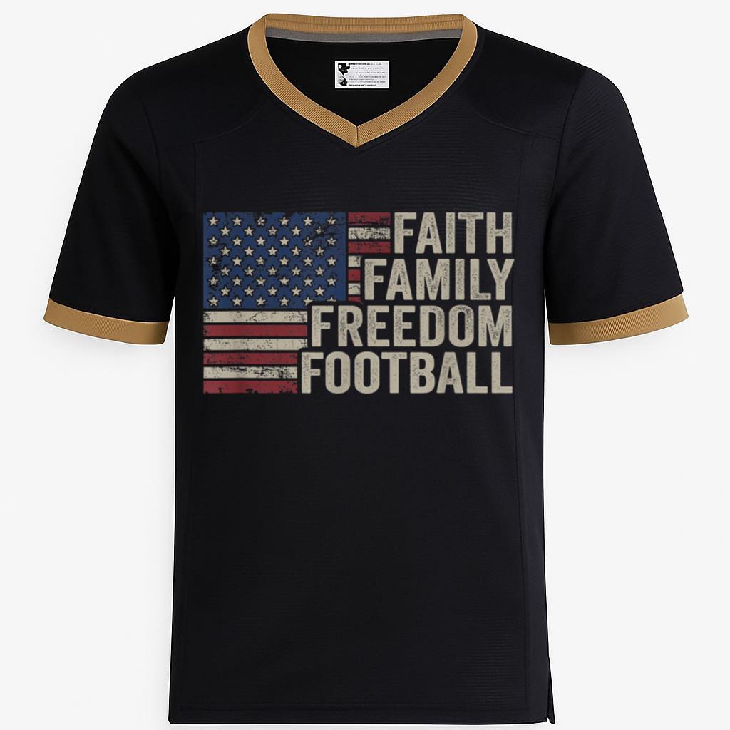 Faith Family Freedom Football - Vintage American Flag Player T-Shirt for Women Men Football Jersey