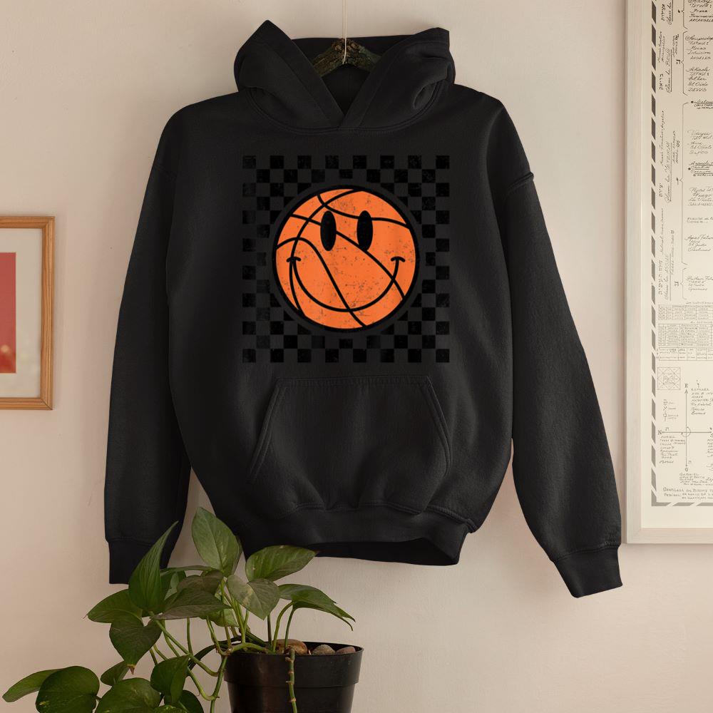 Game Day Basketball Smile Face Checkered Retro Vintage Style Hoodie