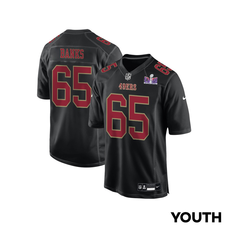 Aaron Banks 65 San Francisco 49ers Super Bowl LVIII Patch Fashion Game YOUTH Jersey - Carbon Black JS5803