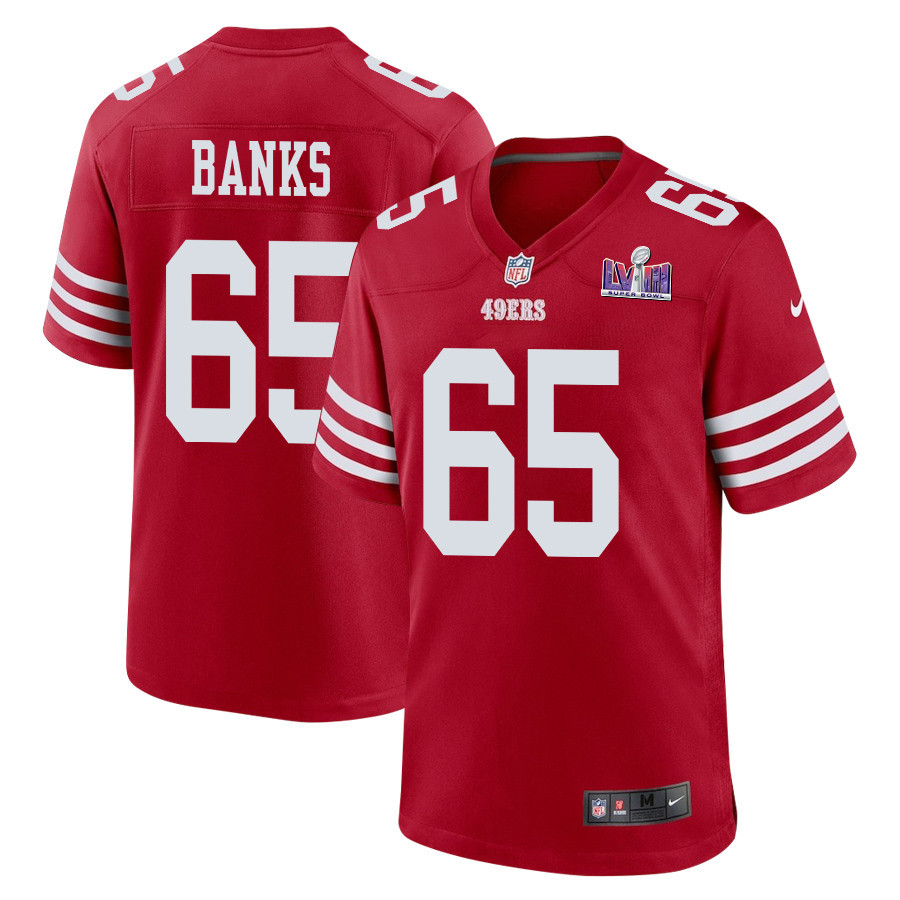 Aaron Banks 65 San Francisco 49ers Super Bowl LVIII Patch Game Men Jersey - Scarlet JS2544