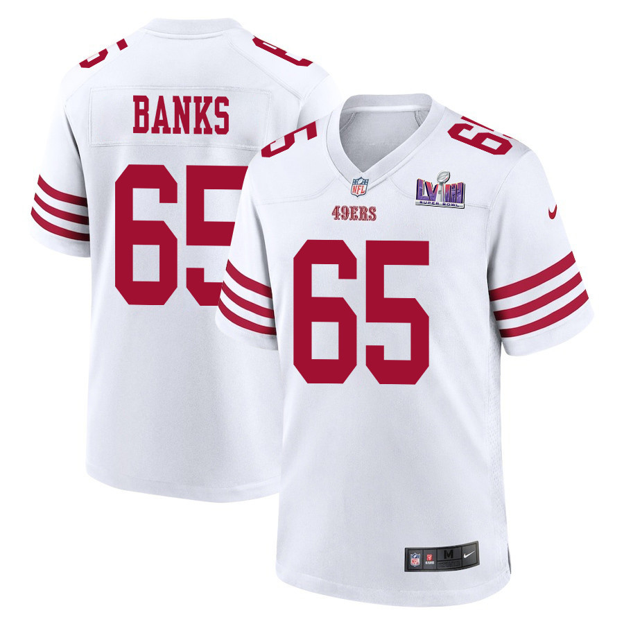 Aaron Banks 65 San Francisco 49ers Super Bowl LVIII Patch Game Men Jersey - White JS5274