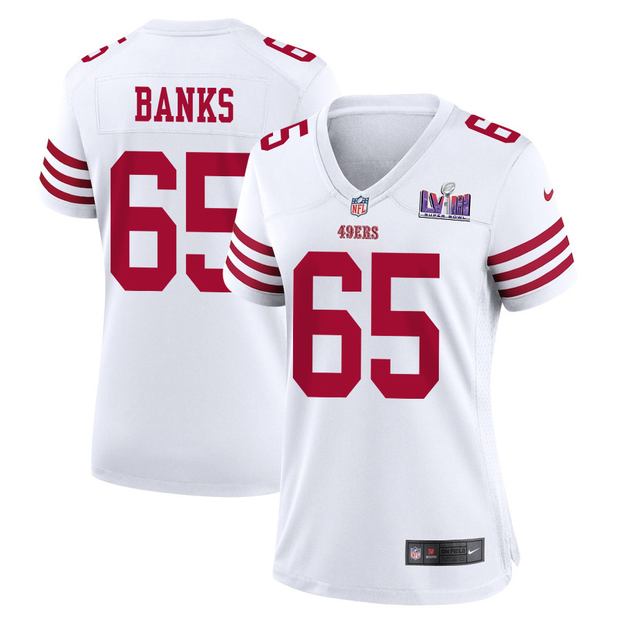 Aaron Banks 65 San Francisco 49ers Super Bowl LVIII Patch Game Women Jersey - White JS3099