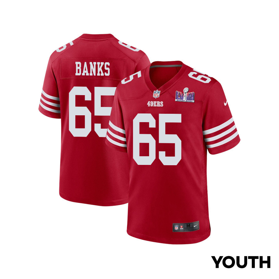 Aaron Banks 65 San Francisco 49ers Super Bowl LVIII Patch Game YOUTH Jersey - Scarlet JS8935