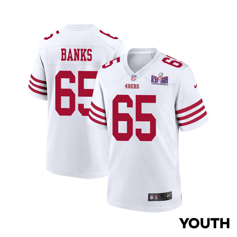 Aaron Banks 65 San Francisco 49ers Super Bowl LVIII Patch Game YOUTH Jersey - White JS8889