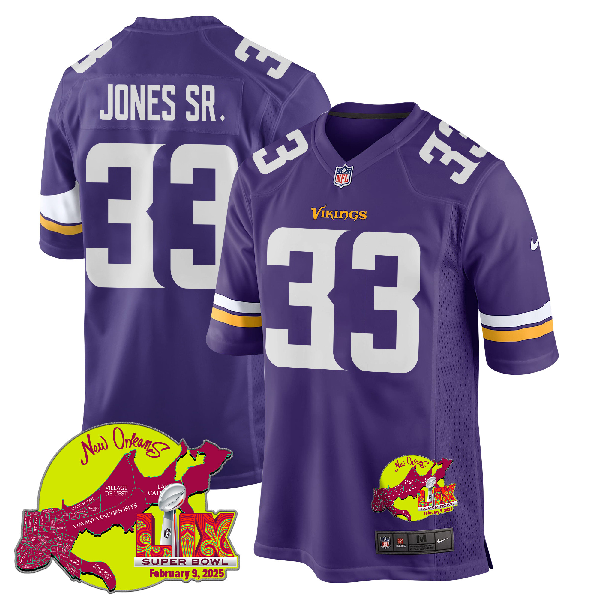 Aaron Jones Sr. 33 Minnesota Vikings Super Bowl LIX New Orleans Patch Game Men Jersey - Purple JS3871