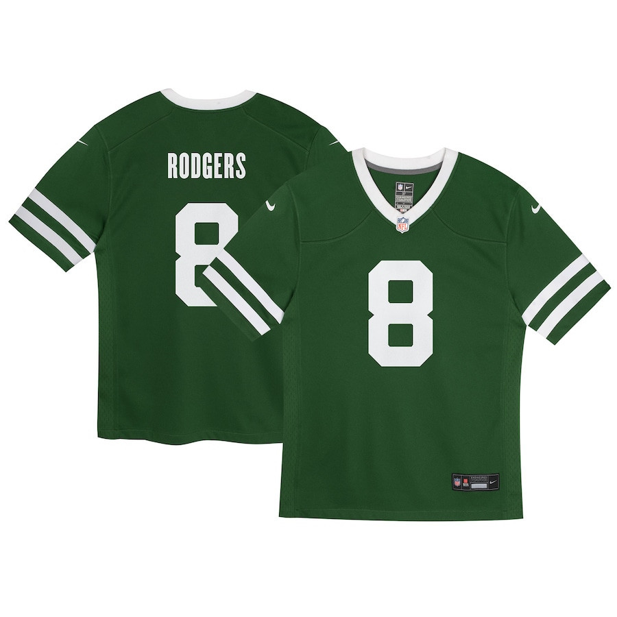Aaron Rodgers 8 New York Jets Youth Game Jersey, Legacy Green JS3960