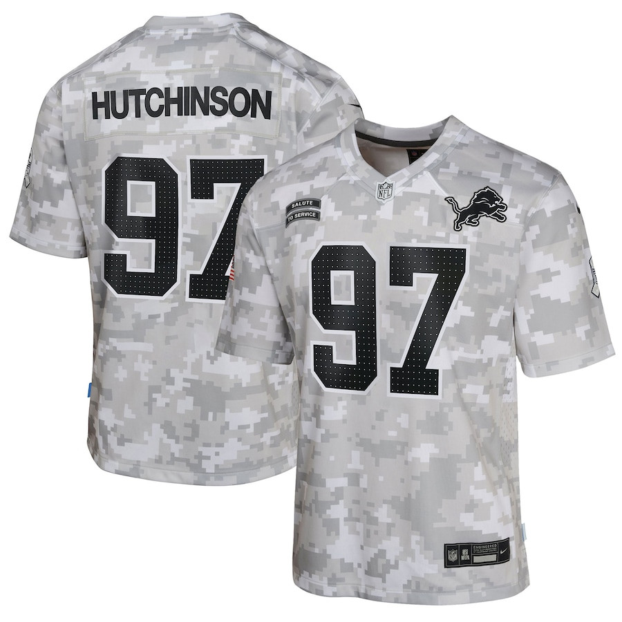 Aidan Hutchinson 97 Detroit Lions 2024 Salute to Service Game YOUTH Jersey - Arctic Camo JS6096