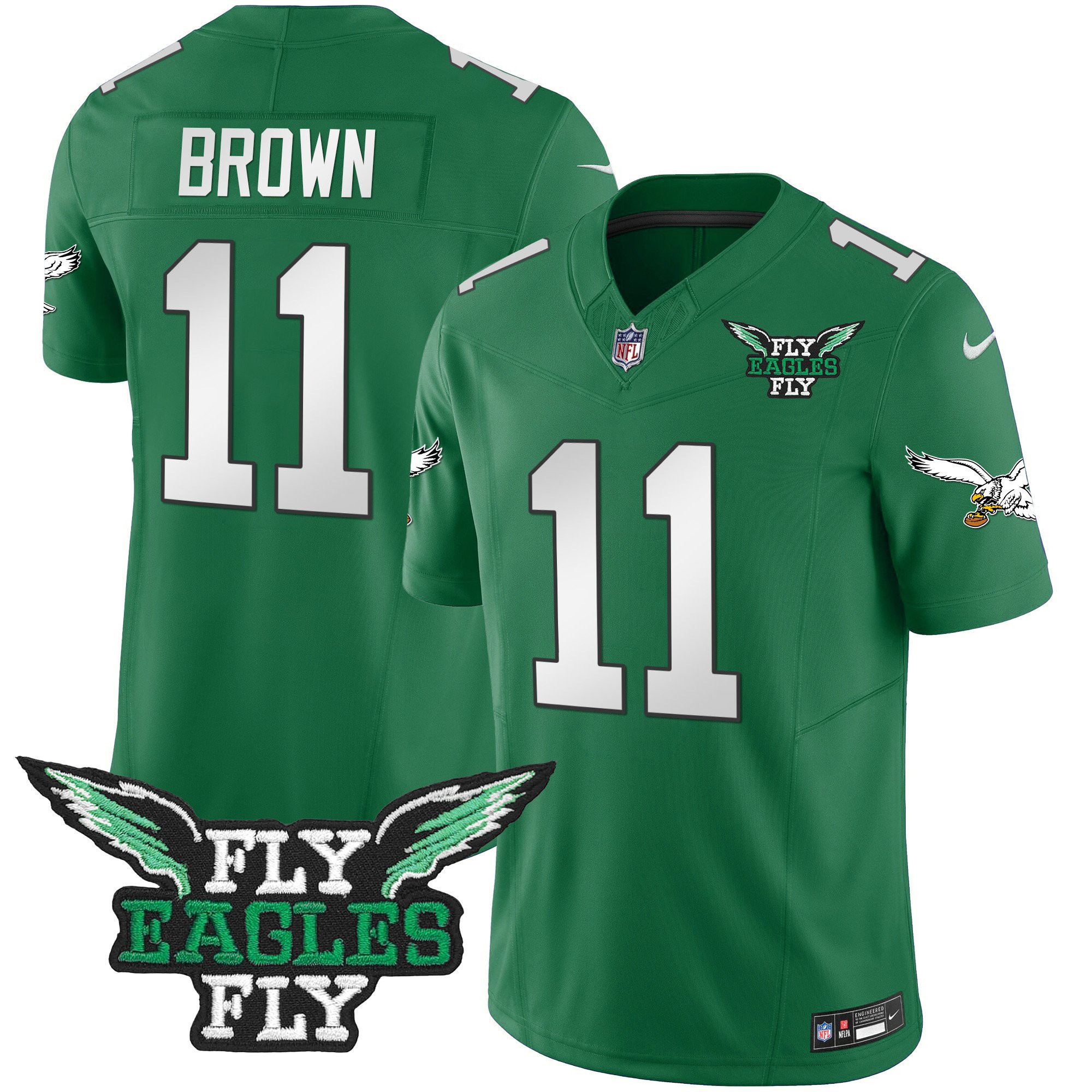 A.J. Brown 11 Philadelphia Eagles Fly Eagles Fly Patch Alternate Game Men Jersey - Kelly Green JS3764