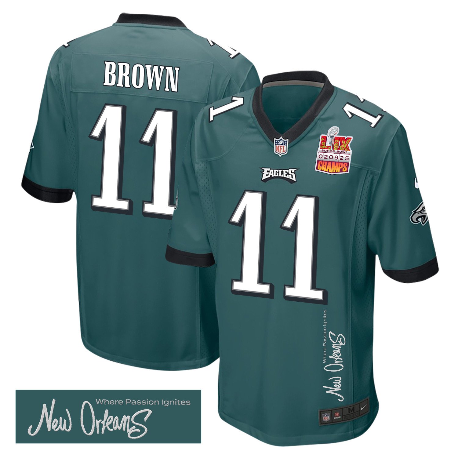 A.J. Brown 11 Philadelphia Eagles Super Bowl LIX Champions Patch 'New Orleans - Where Passion Ignites' EMBROIDERED Game Men Jersey - Midnight Green JS8255
