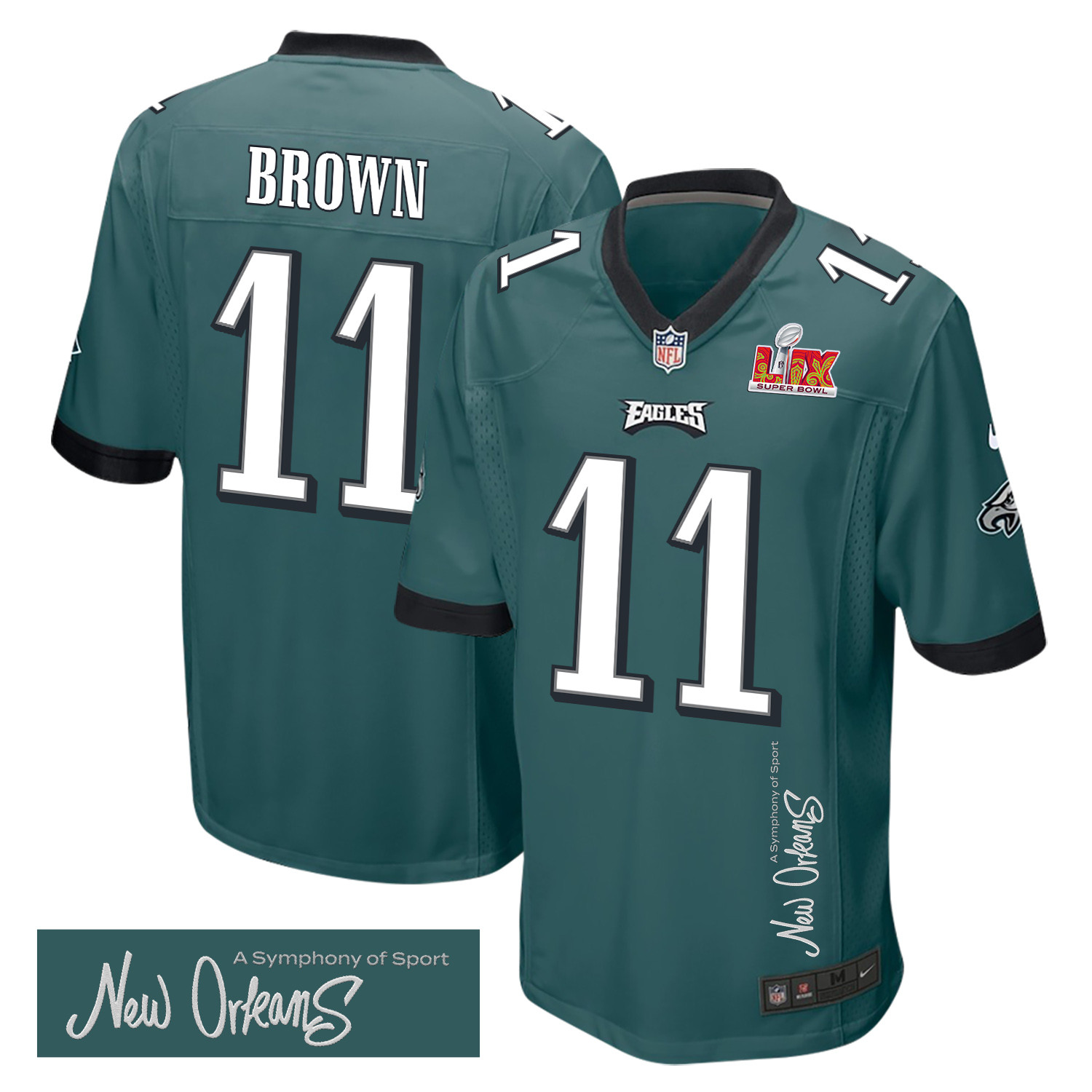 A.J. Brown 11 Philadelphia Eagles Super Bowl LIX 'New Orleans - A Symphony of Sport' EMBROIDERED Game Men Jersey - Midnight Green JS2762