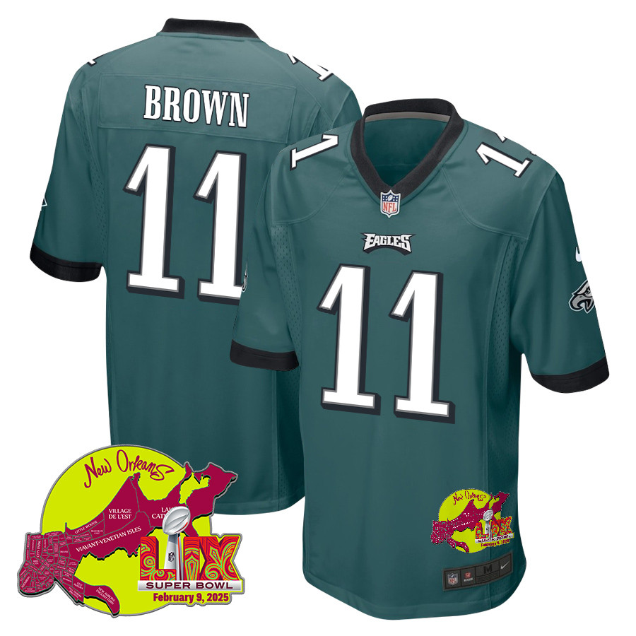 A.J. Brown 11 Philadelphia Eagles Super Bowl LIX New Orleans Patch Game Men Jersey - Midnight Green JS8524