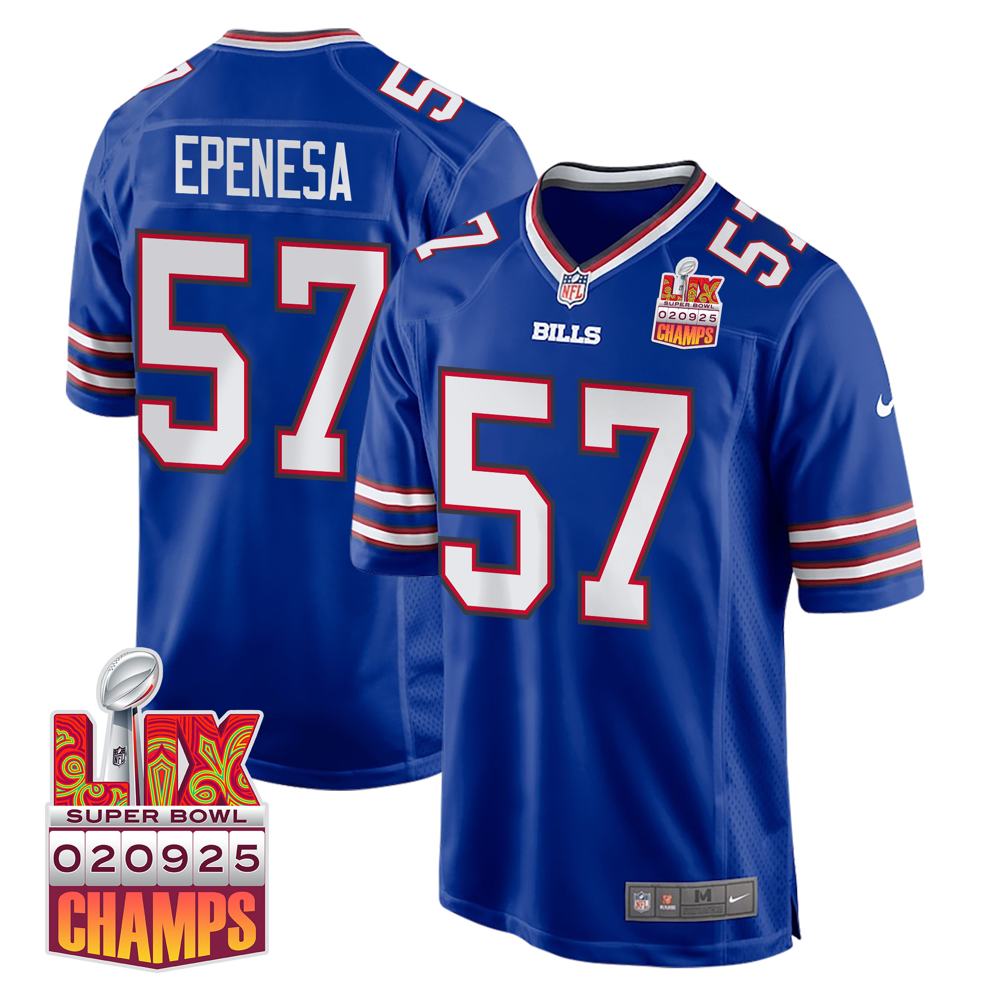 A.J. Epenesa 57 Buffalo Bills Super Bowl LIX Champions Patch Game Men Jersey - Royal JS6390