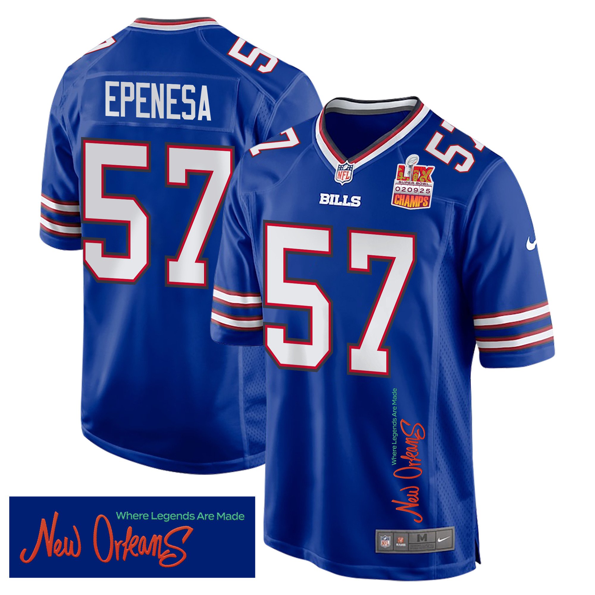 A.J. Epenesa 57 Buffalo Bills Super Bowl LIX Champions Patch 'New Orleans - Where Legends Are Made' EMBROIDERED Game Men Jersey - Royal JS6261
