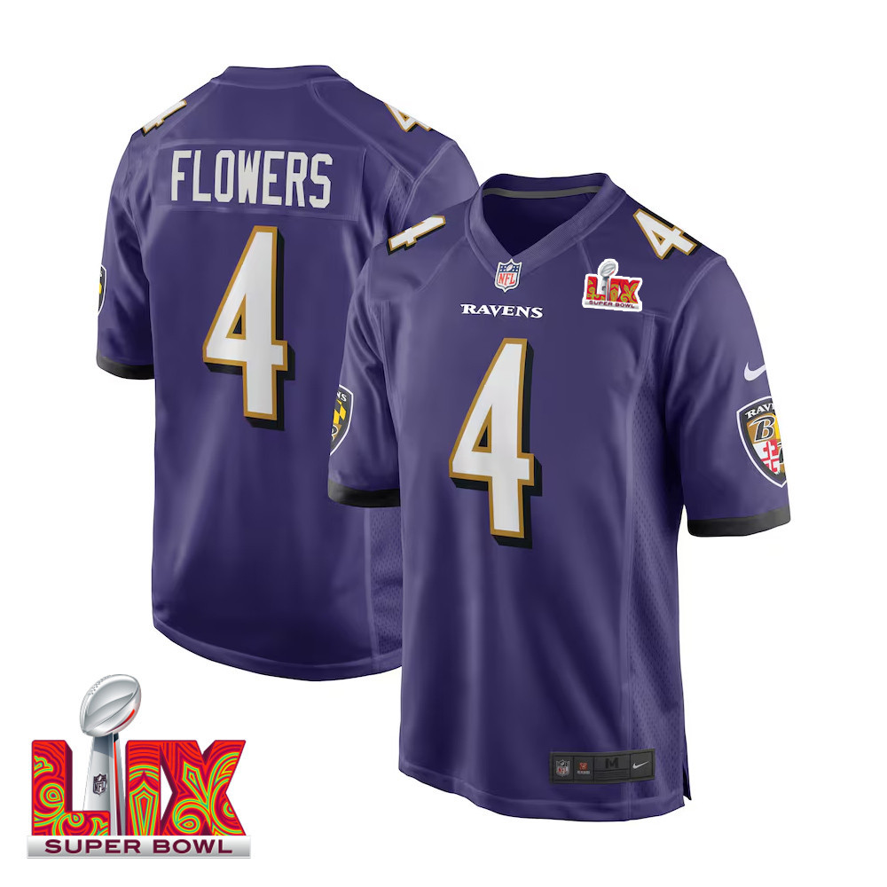 Zay Flowers #4 Baltimore Ravens Super Bowl LIX Jersey - Men's - Purple JS8463